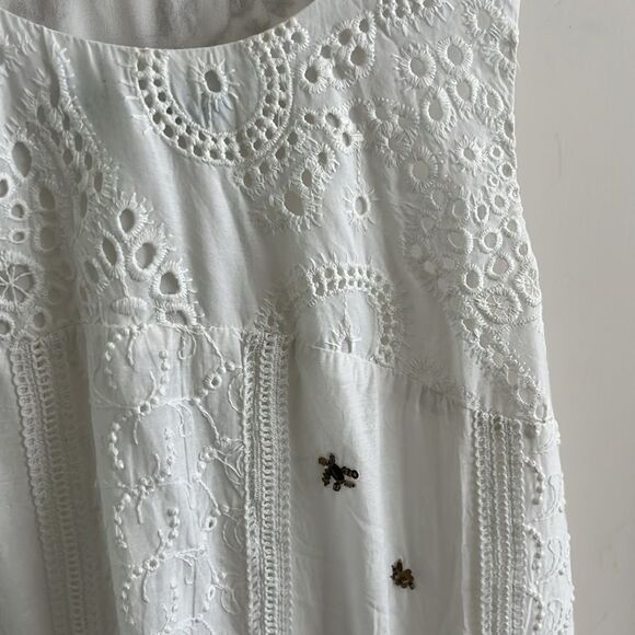EUC ANTHROPOLOGIE LEIFNOTES white Eyelet Gold Beaded Swing Dress Sz 4 - Picture 10 of 12